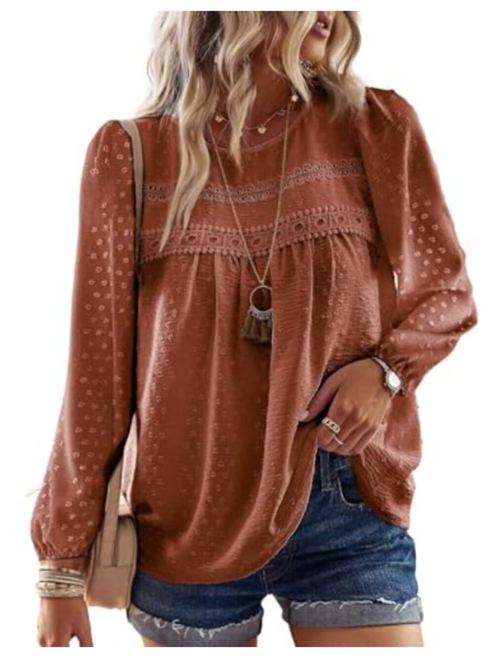 Womens Boho Crochet Lace Tunic Top Long Sleeve Crew Neck Flowy Blouse